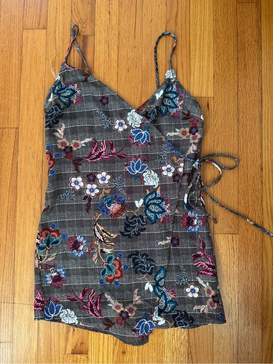 Blue Blush Pants - Blue Blush Plaid & Floral‎ Embroidered Faux Wrap Romper Size S Cottagecore Boho